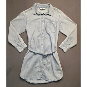 H&M Women Medium Shirt Dress Blue Jean Denim Belt Pearl Snap Long Sleeve‎